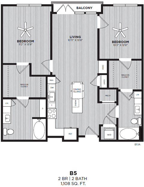 Floor plan for 2 beds, 2 baths, 1108 sqft